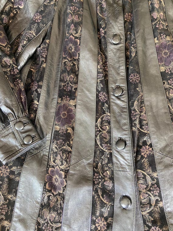 Vintage 80s Leather Swing Jacket: Floral Gold Purple Print, Size