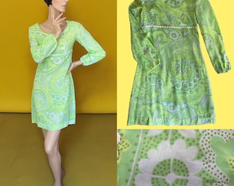 Superbe mini robe vintage des années 60 à imprimé floral marguerite vert 10 12