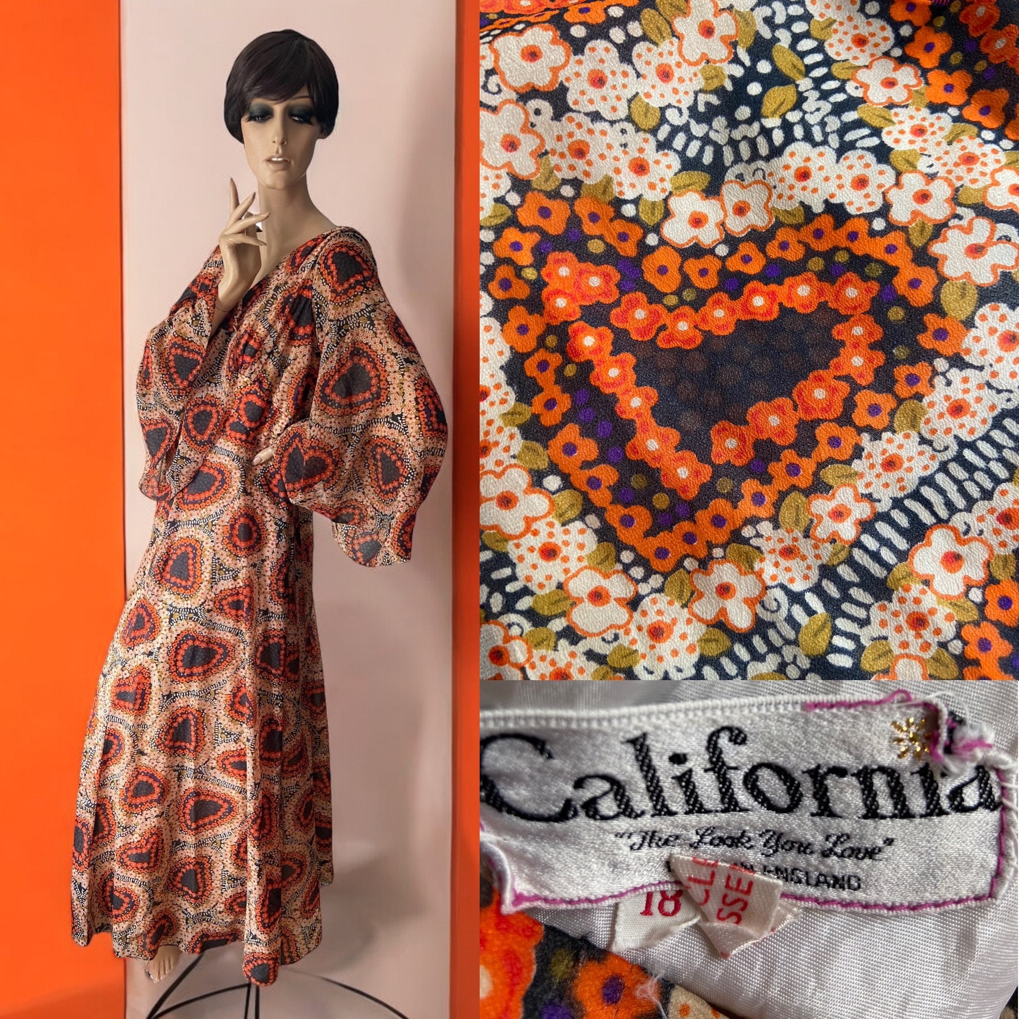 素晴らしい花柄のヴィンテージ 70 年代ワイドエンジェルスリーブ