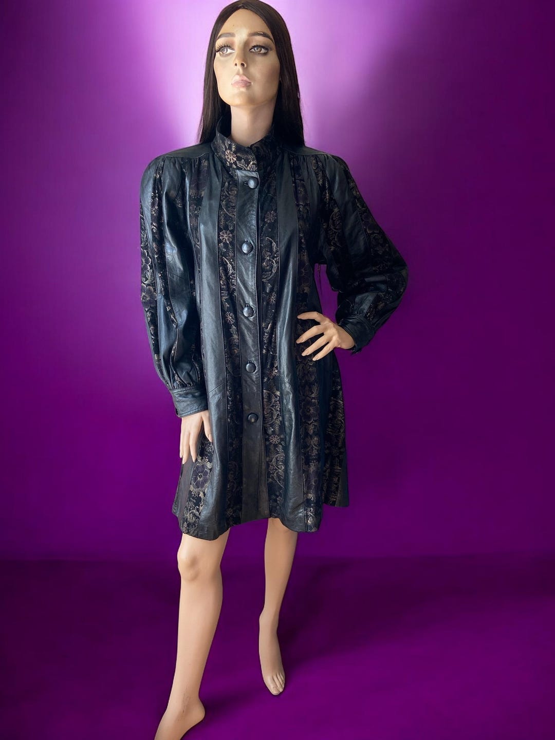 Vintage 80s Leather Swing Jacket: Floral Gold Purple Print, Size