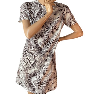 Robe marron et blanche vintage des années 60 : imprimé abstrait, taille 14/16