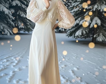 Vintage 70s cream lace embroidered maxi wedding dress 14 16