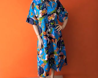 psychedelic floral print vintage 70s midi dress 14 16