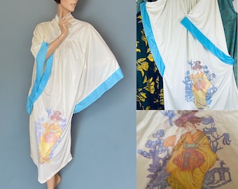 Beautiful vintage 70s kaftan kimono dress geisha bird print 14 16