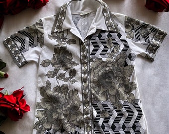 Vintage 70s Floral Geometric Print Blouse - Size 12 14