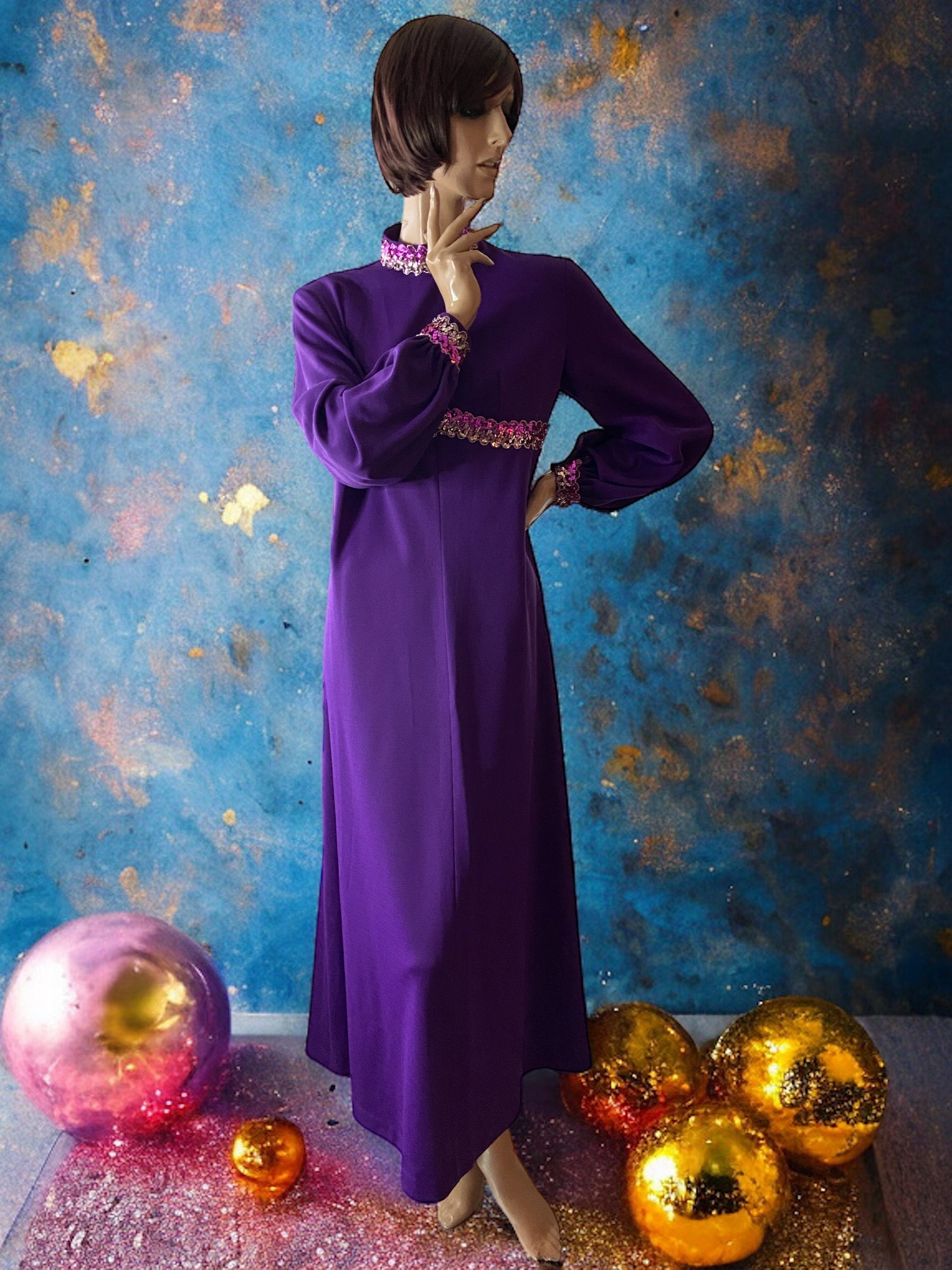 purple 70's dress Gorgeous Purple 70s Cotton Puff Sleeve Maxi Dress The Pansy Garden