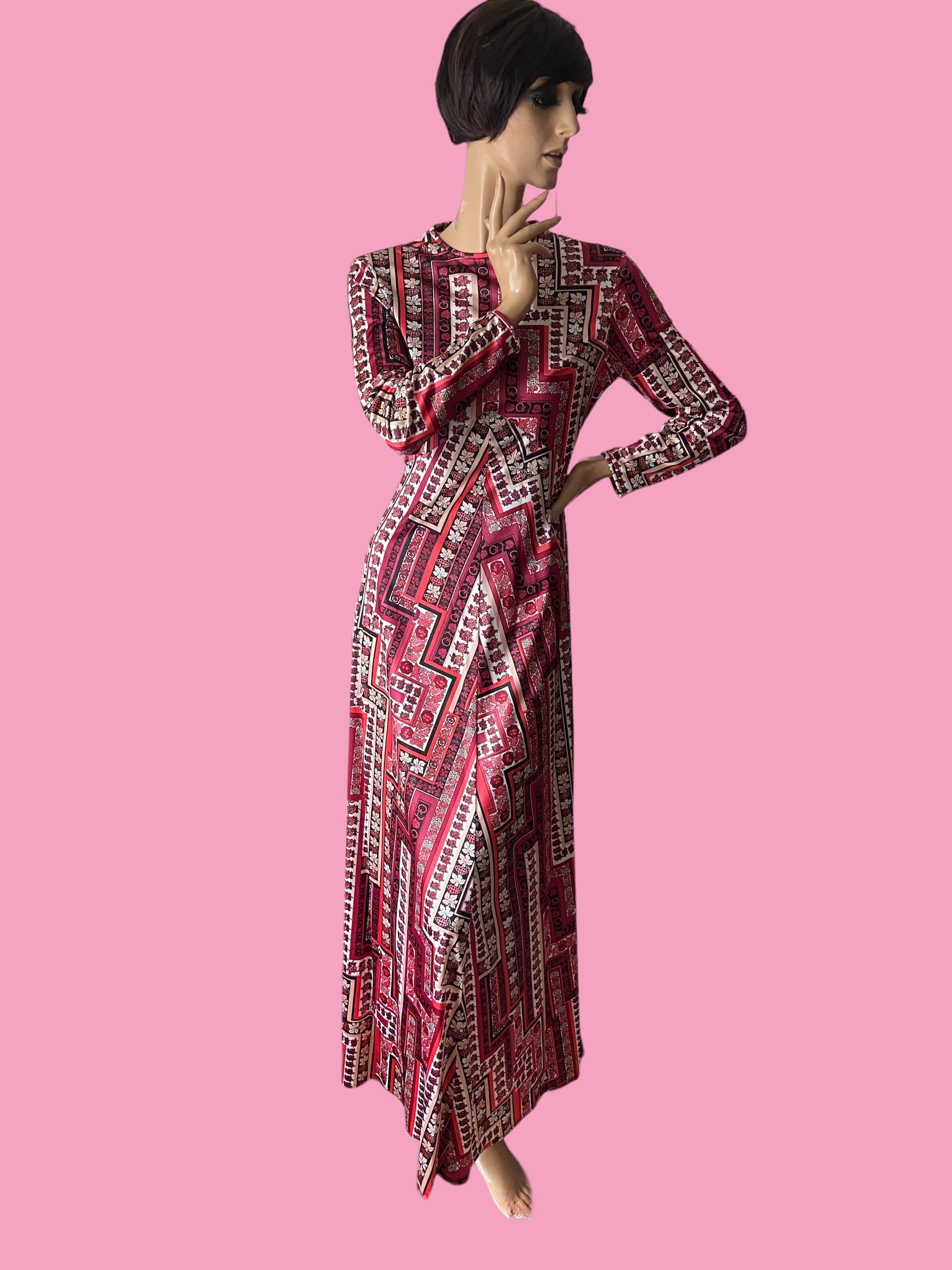 70s Vintage Maxi Dress: Floral Grapevine Print, Slinky Polyester