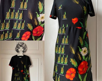 Italian Novelty print vintage 70s 80s dress sweetcorn cob wheat poppy daisy 10 12