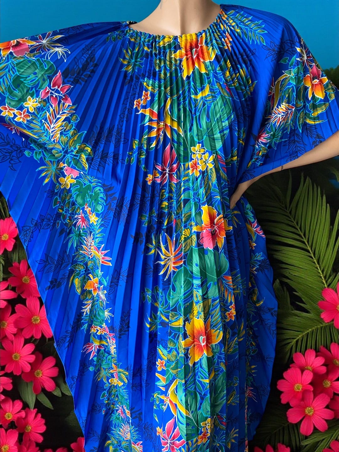 Pleated Vintage 70s Hawaiian Floral Tropical Print Maxi Kaftan Dress 12 ...
