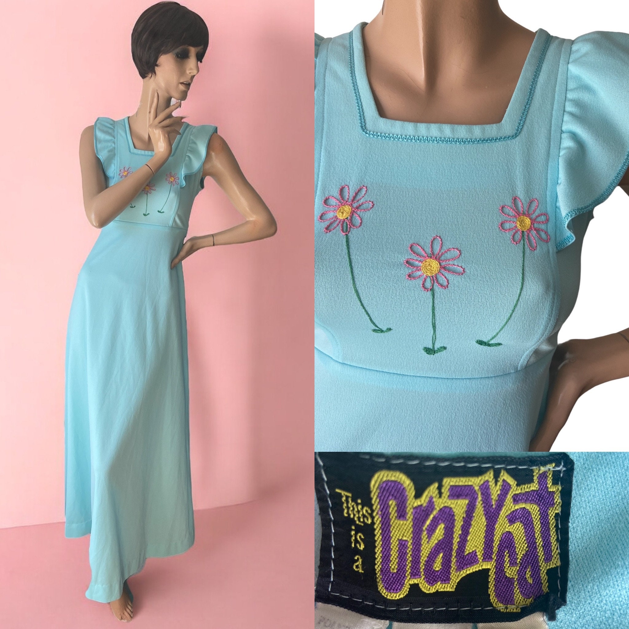 Crazycat Embroidered Flower Vintage Blue 70s Maxi Dress 8 10