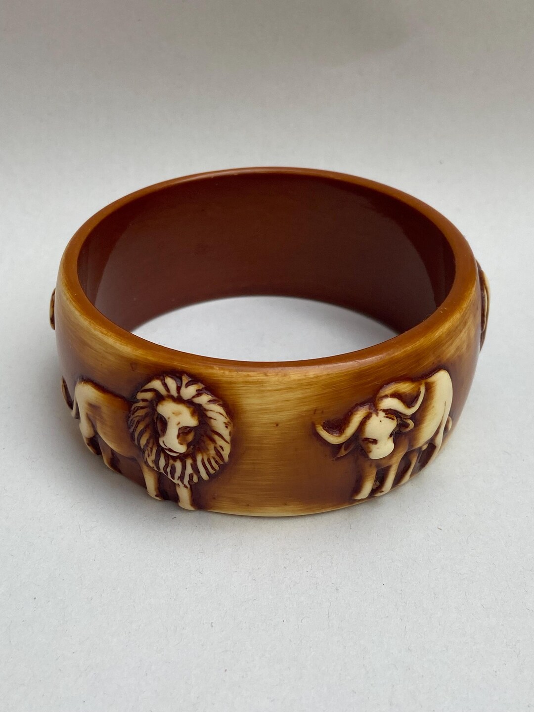 Vintage Bangle With Animal Jungle Safari Carved Print Lion Elephant - Etsy