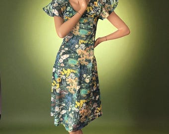 Vintage 1990s Cath Kidston Green Dress With Horse Pattern. UK Size 8