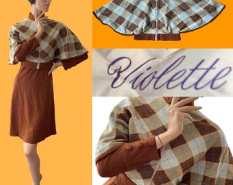 Amazing 70s vintage two piece suit cape jacket dress brown argyle Violette 10 12