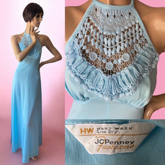 J C Penney Fashions Vintage 70s Maxi Dress Pale Blue Crochet Detailing 8 10  - Etsy