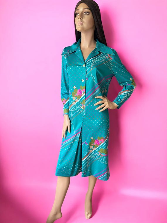 Art deco floral print vintage 70s dagger collar shirt dress 14 16 Art deco floral print vintage 70s dagger collar shirt dress 14 16