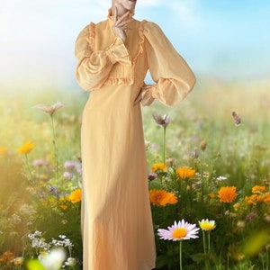 Incroyable robe longue vintage des années 70 Marion Donaldson moutarde jaune à volants 12-14