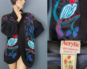 Vintage 80s novelty bird parrot print cardigan knitted jacket 12 14