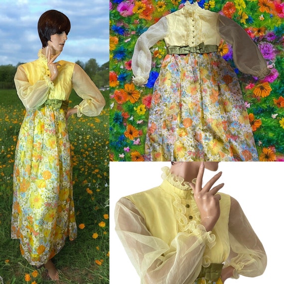 Vintage 70s Floral Print Maxi Dress: Sheer Sleeve Ruffle Gown 6 8