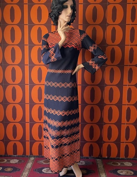 open lace back dress Black & Orange Abstract Stripe Cord Work Maxi Dress in Russian Silk –  Kaftanize main image 1