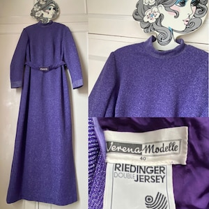 Sparkly metallic silver purple verena modelle vintage 70s maxi disco dress 12 14