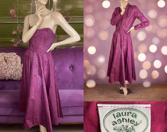 Gorgeous vintage 80s Laura Ashley dress suit jacket bolero prom wedding evening gown floral print sparkly 12 14