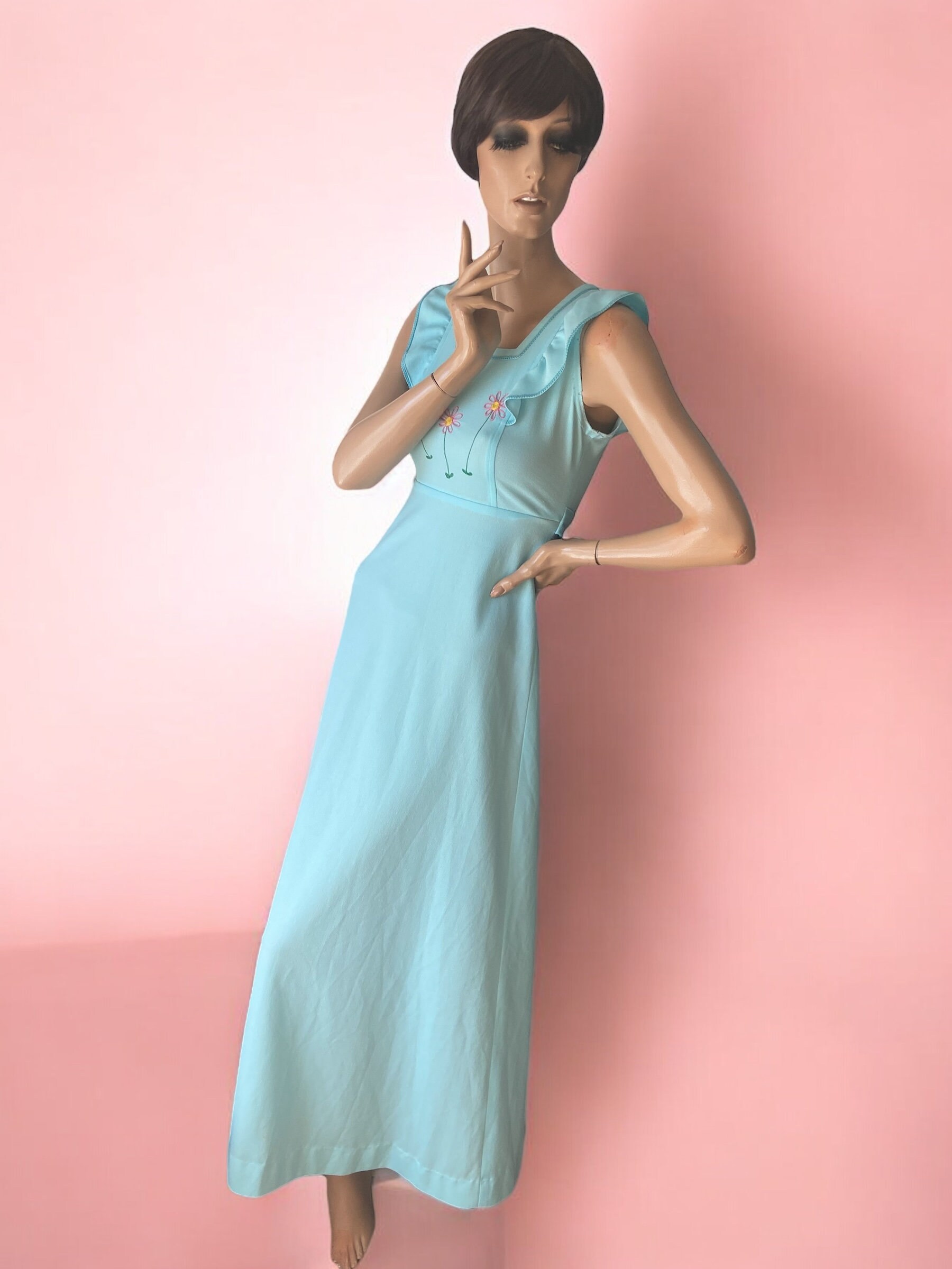 Crazycat Embroidered Flower Vintage Blue 70s Maxi Dress 8 10