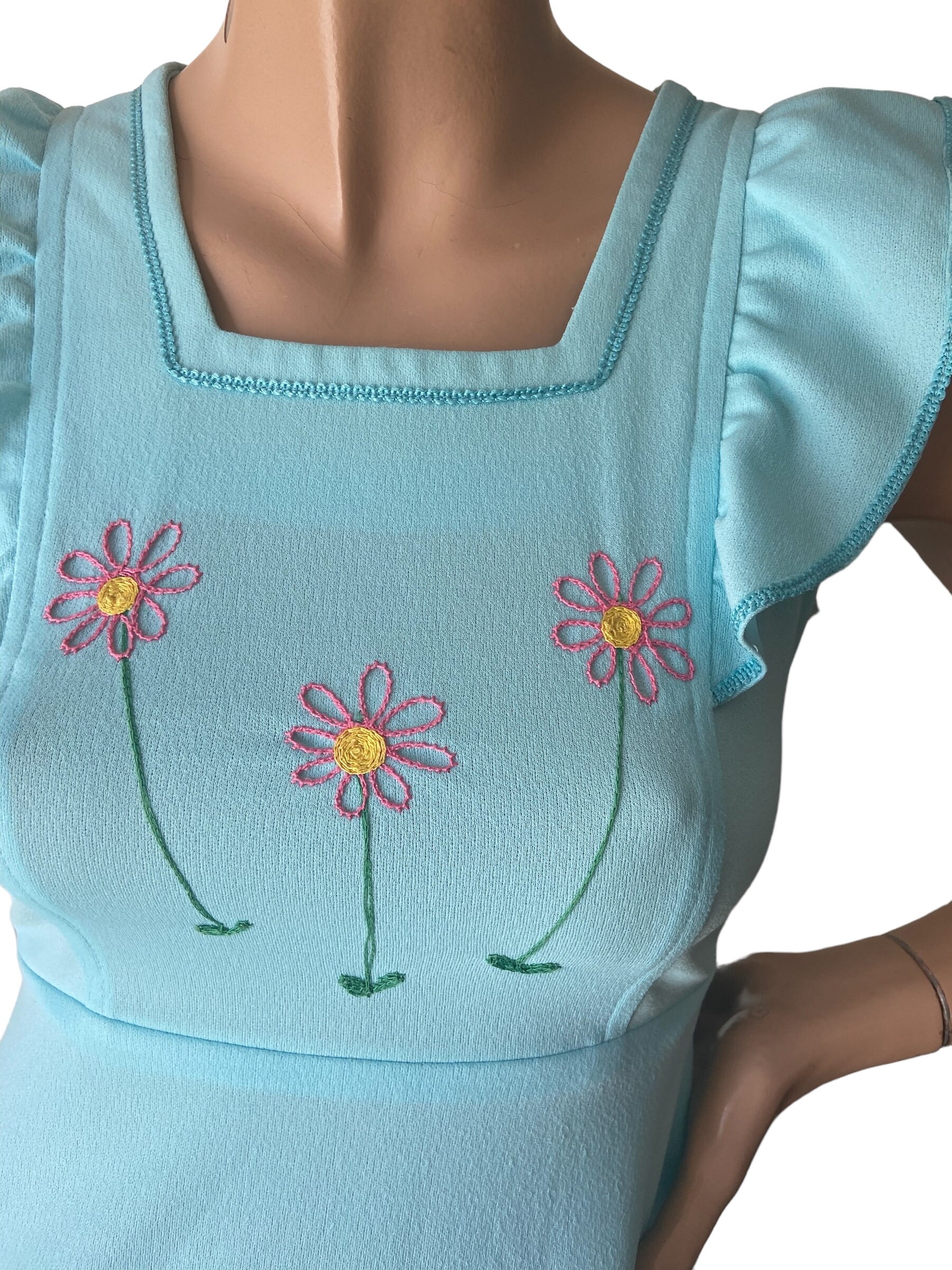 Crazycat Embroidered Flower Vintage Blue 70s Maxi Dress 8 10