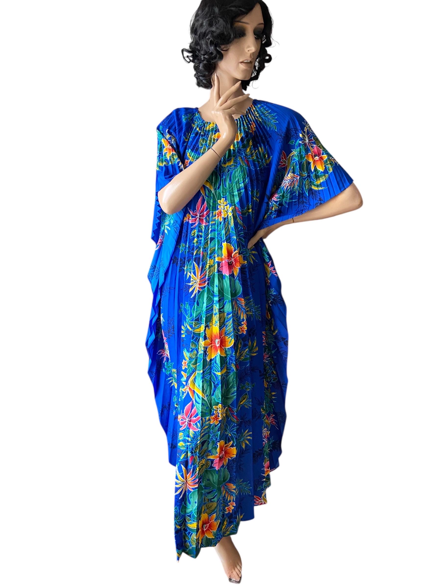 Pleated Vintage 70s Hawaiian Floral Tropical Print Maxi Kaftan Dress 12 ...