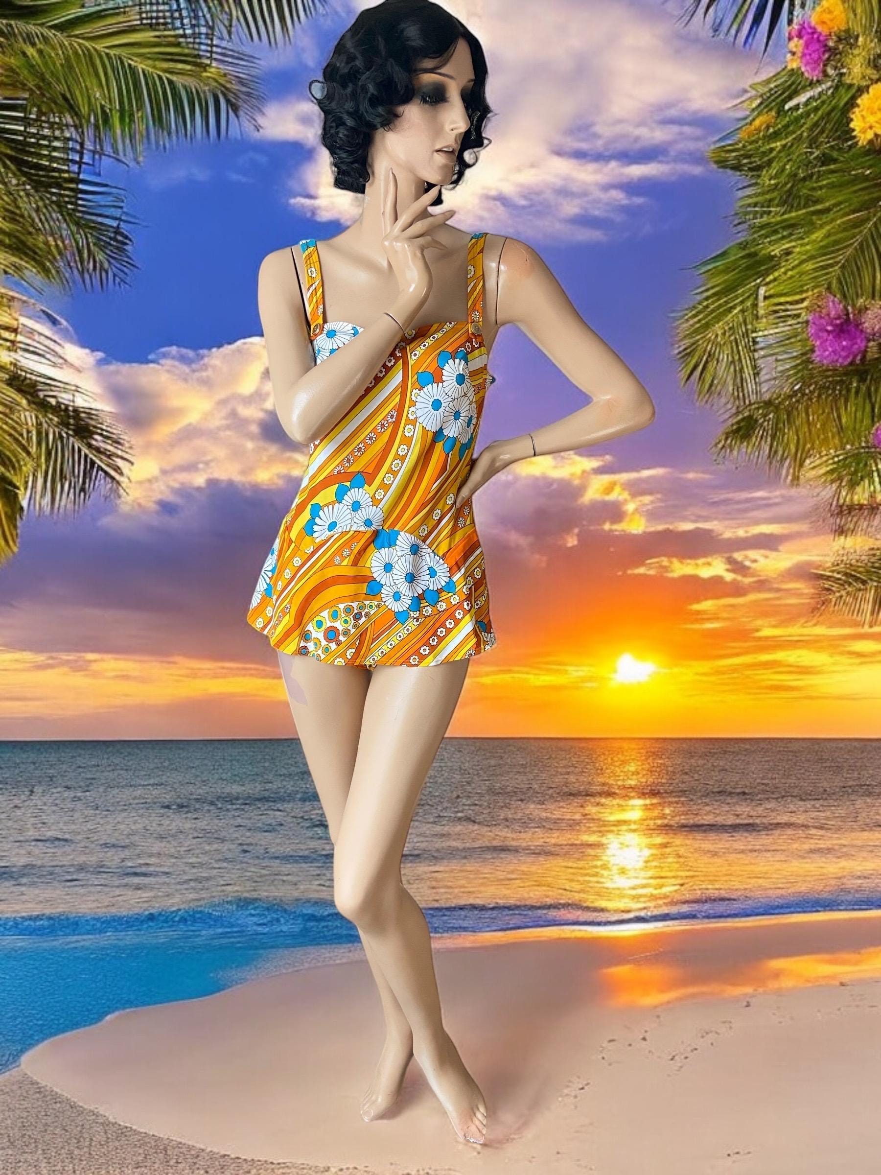 Marks & Spencer, 60s vintage st Michael swimsuit beach wear skirt 12 14