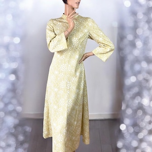 Vintage 70er Jahre Metallic Floral Gold Party Maxi Kleid Brokat Abend 12 14