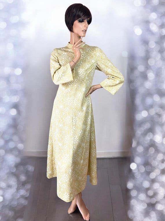 slim fit dress slacks 1960s 70s Gold Lame Brocade Maxi Dress, Novelty Lion Print main image 1