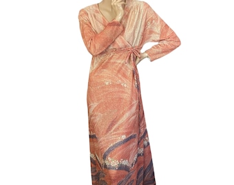 Vintage 70s Clifton Maxi Dress: Metallic Gold Sparkly Gown (Size 14 16)