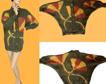 Gorgeous vintage 80s batwing cardigan jacket floral mohair fluffy oversized 12 14 16