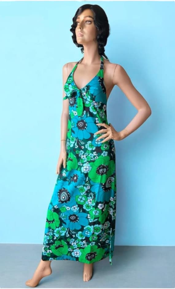 slim fit dress slacks Super Rad Kaleidoscopic 1970's Halter Full Length Dress / Sz S – Xtabay  Vintage main image 0