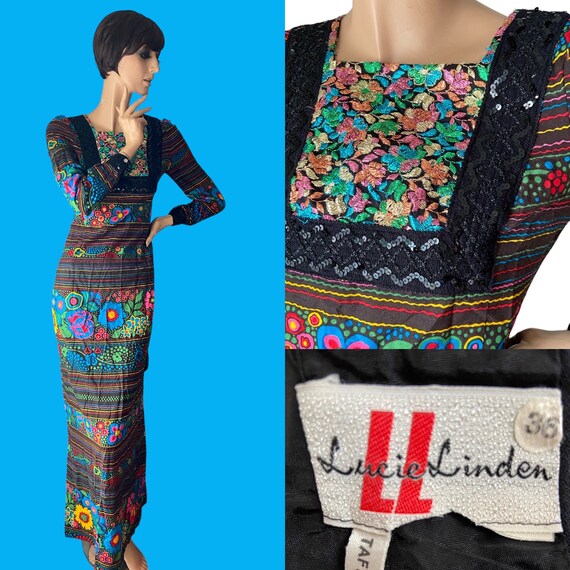 Vintage 70s Floral Maxi Dress: Metallic Embroidered Sequinned