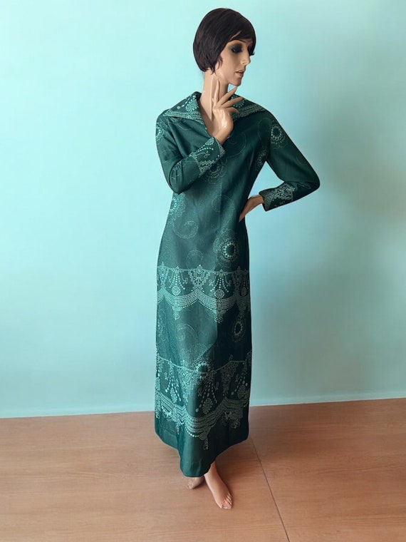 Metallic green vintage 70s Carnegie London maxi dress 14 16