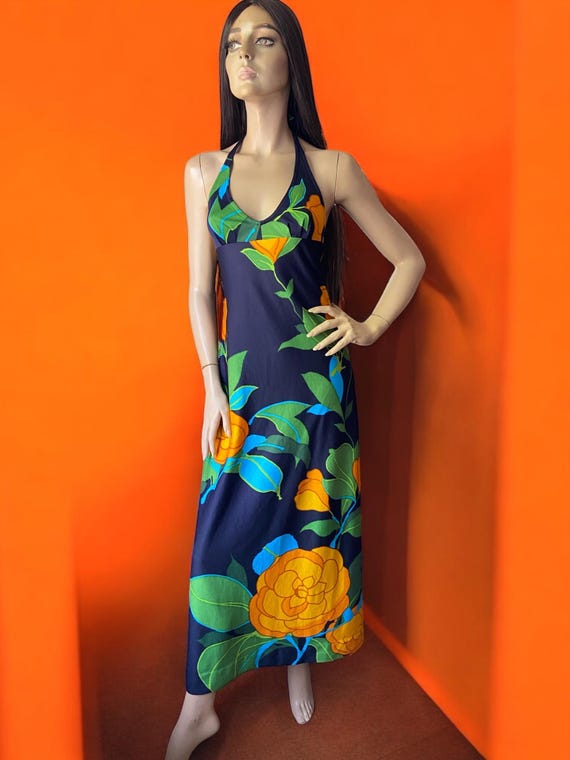 Bold floral orange rose print vintage 70s halter neck maxi dress 8 10