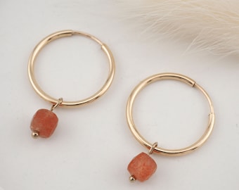 Sunstone Gemstone Hoop Earrings | 14k Gold Filled | Dainty 17 mm Gold Hoops | No. 32