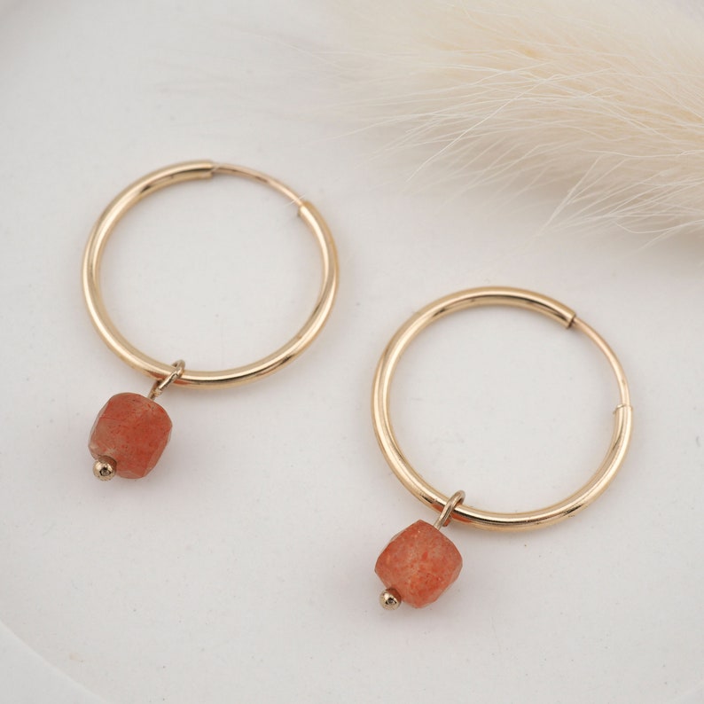 Sunstone Gemstone Hoop Earrings 14k Gold Filled Dainty 17 mm Gold Hoops No. 32 image 1