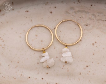 Moonstone Hoop Dangle Earrings | 14k Gold Filled | Dainty 21 mm Gold Hoops | No. 01
