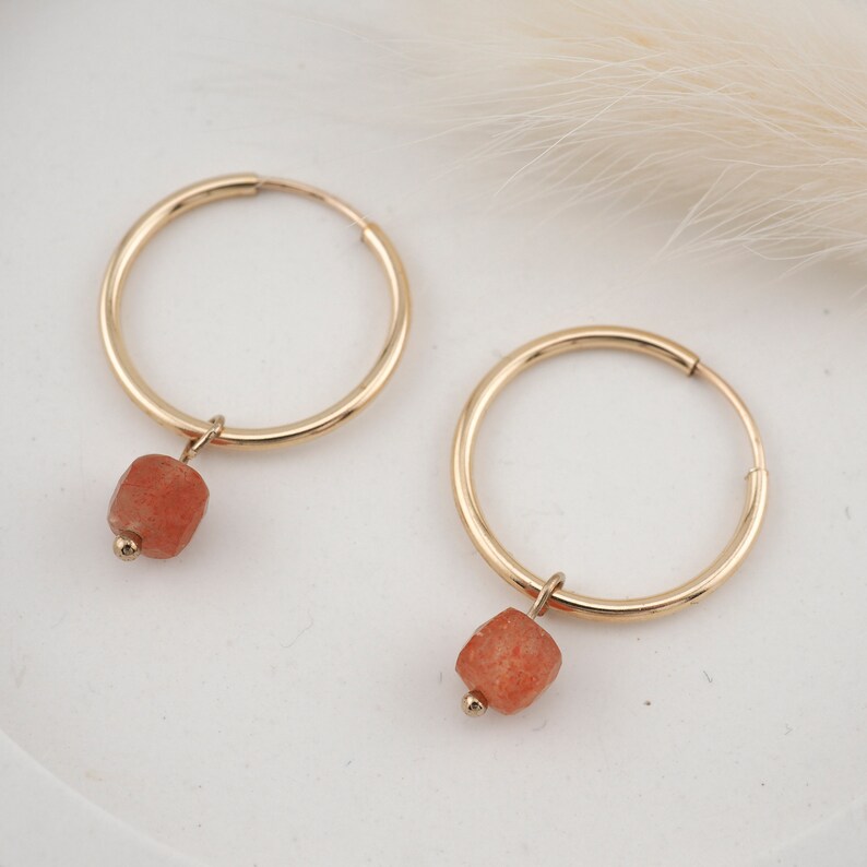 Sunstone Gemstone Hoop Earrings 14k Gold Filled Dainty 17 mm Gold Hoops No. 32 image 5