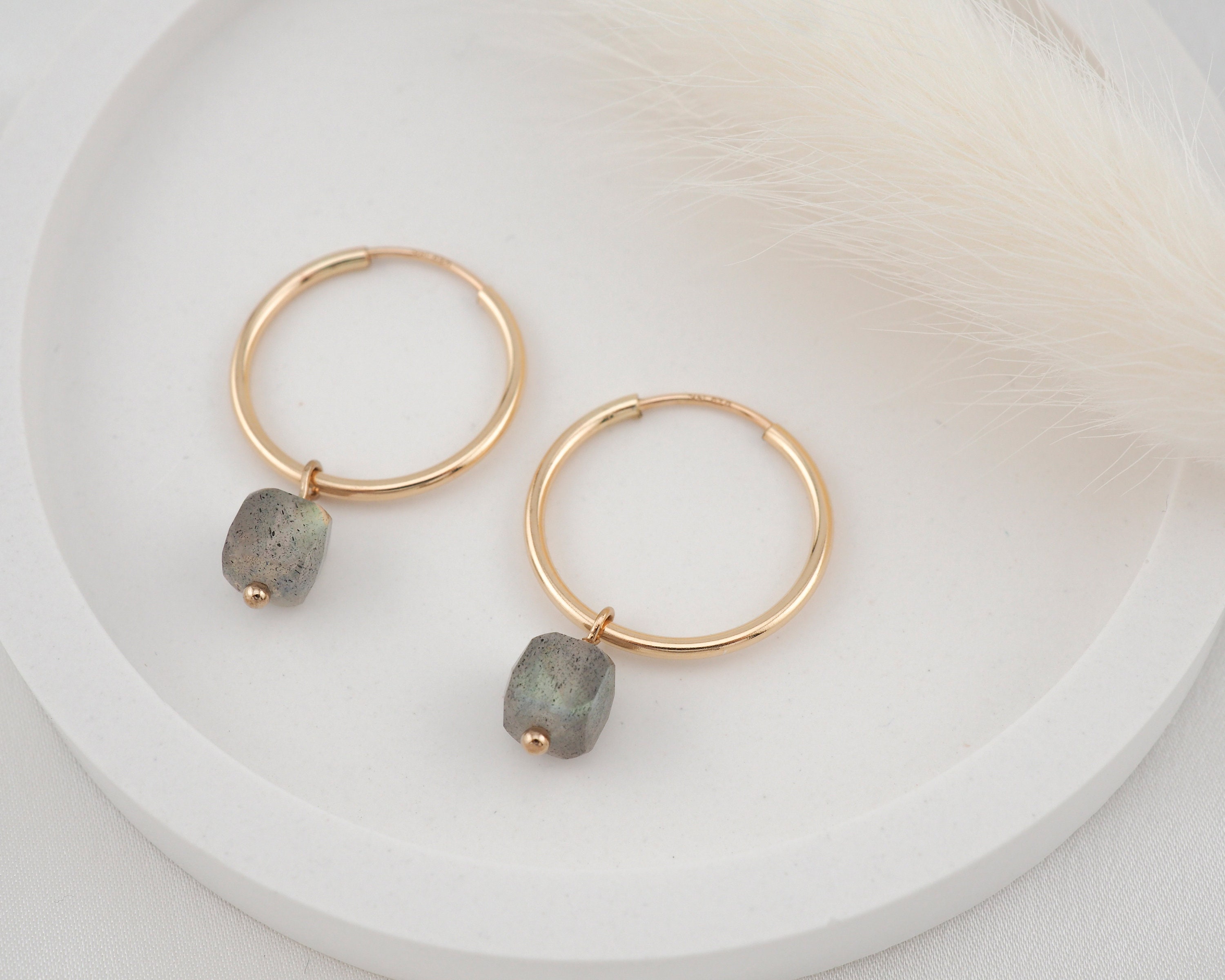 Unique Labradorite Gemstone Hoop Earrings | 14k Gold Filled or Sterling Silver | Dainty 17 mm Hoops | No. 18