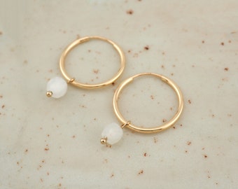 Moonstone Gemstone Hoop Earrings | 14k Gold Filled | Dainty 17 mm Gold Hoops | No. 20