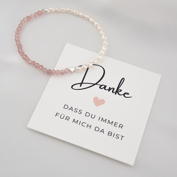 Handgemachtes Perlenarmband mit Geschenkkarte | Süßwasserperlen und Erdbeerquarz | Mutter, Freundin, Schwester Geschenk Armband | Nr. 39