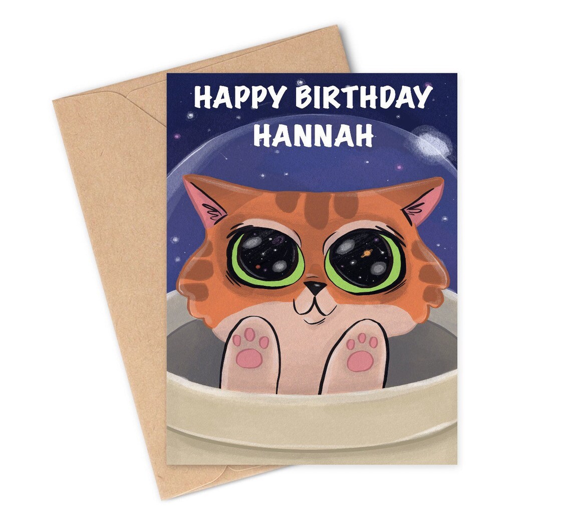 Personalised space kitty birthday card cute gift cats | Etsy