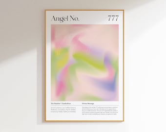 Può includere: Un poster incorniciato con un design astratto rosa, verde e giallo. Il poster ha il testo "Angel No. 777" e spiega il significato del numero 777.