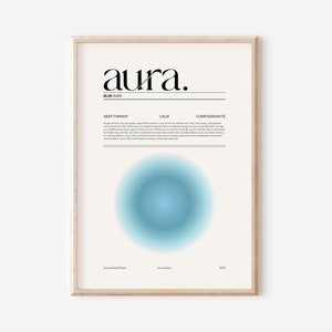 May include: A blue aura poster with the word "aura" in a bold, black font. The poster also includes the text "Blue Aura", "Deep Thinker", "Calm", "Compassionate", and a description of the traits associated with a blue aura. The poster has a blue circle in the center.