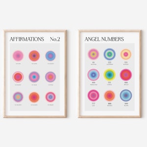 AFFIRMATION WALL ART 2er Set, Engel Zahlen Print Set, spirituelle Wandkunst, Farbverlauf Wandkunst, Aura Poster, trendige Wandkunst