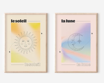 Sun and Moon Wall Art Set of 2, Boho Sun and Moon, 70s Sun and Moon Art Print, Moon Poster, Funky Wall Art, Groovy Art, Retro Print