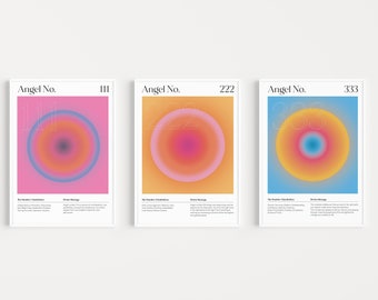 SET OF 3 Gradient Angel Number Print Set, Spiritual Manifestation Wall Art, Angel Number Print, Gradient Aura Poster Set